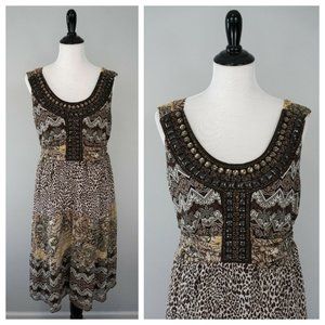 CATO Brown Floral Animal Print Sleeveless Beaded Elastic Waist Dress Sz 20 W